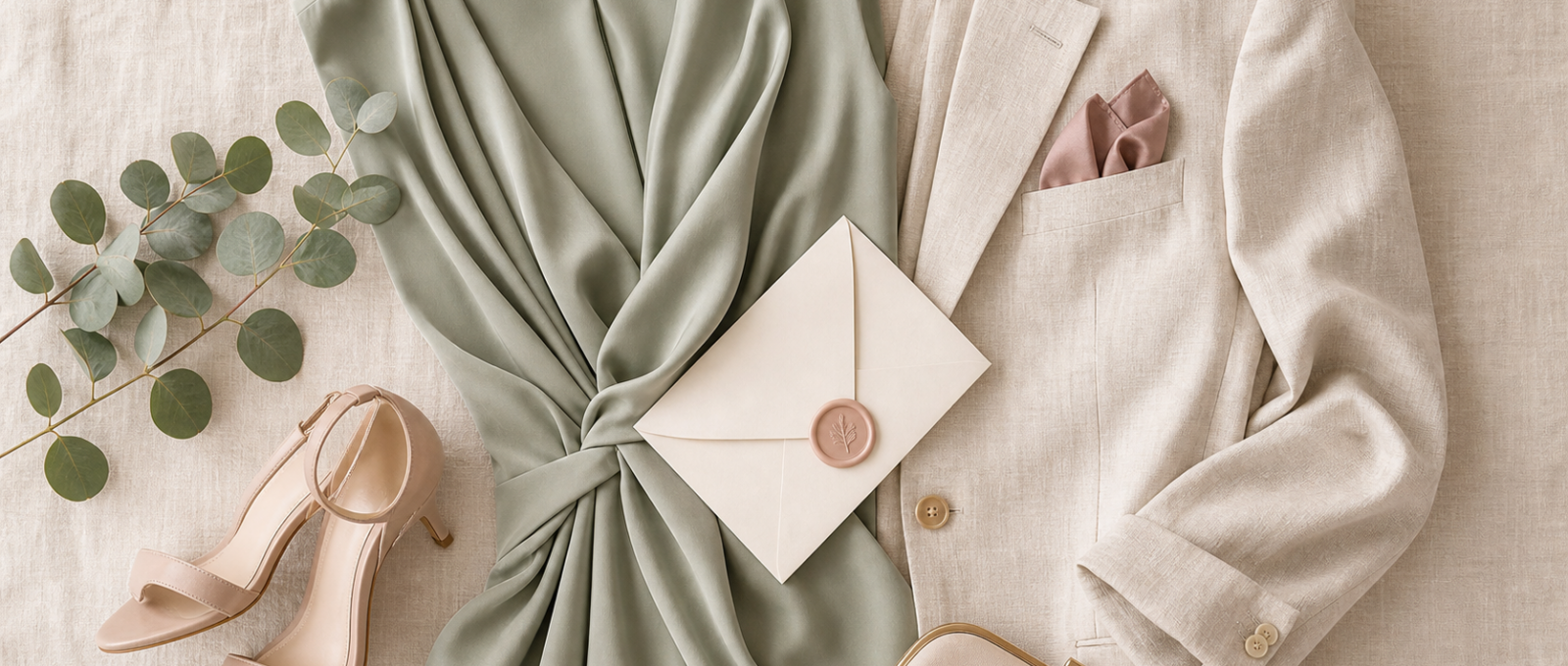 Elegantní outfit svatebního hosta s béžovým sakem, botami a obálkou