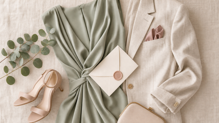 Elegantní outfit svatebního hosta s béžovým sakem, botami a obálkou