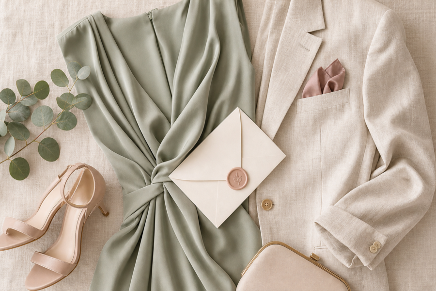 Elegantní outfit svatebního hosta s béžovým sakem, botami a obálkou