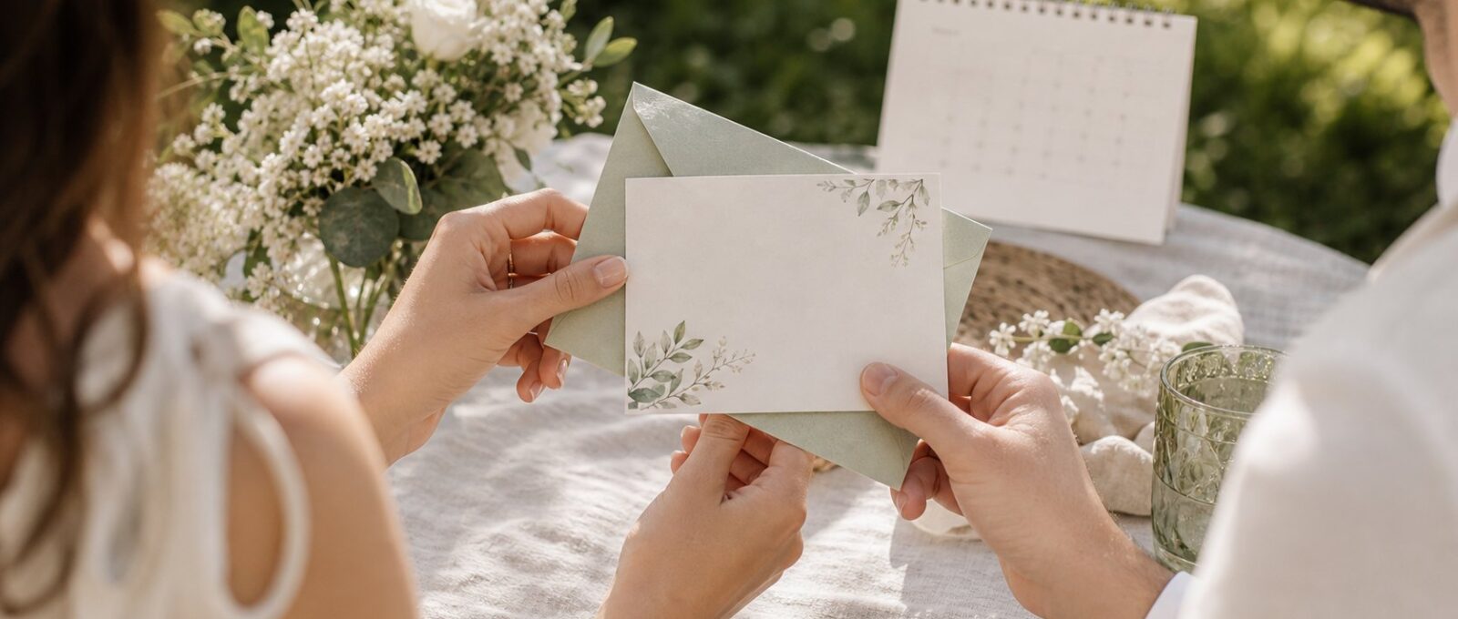 Save the date kartička s kalendářem, obálkou a jemnou květinovou dekorací